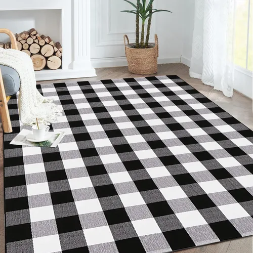 Miniatura 8 de Buffalo - Alfombra a cuadros de 3 x 5 pies, color blanco y negro, alfombra de algodón tejida a mano para porche, cocina, entrada, sala de estar