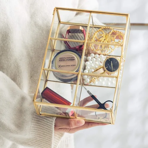 Miniatura 8 de Caja de vidrio vintage dorada de vidrio transparente y latón para almacenamiento de joyas y maquillaje cosmético, soporte para lápiz labial