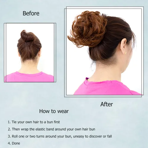 Miniatura 6 de Pieza de cabello de moño desordenado, piezas de cabello azul para mujeres y niñas, extensiones de cabello sintético ondulado y rizado, coletero