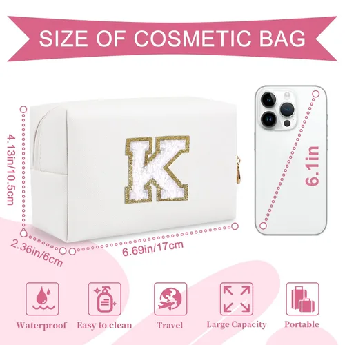 Miniatura 2 de Pequeña bolsa de maquillaje personalizada con inicial A-Z Preppy Patch, bolsa de cosméticos de viaje de felpilla blanca con cremallera, bonita bolsa