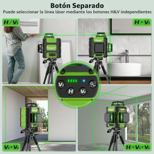 Miniatura 3 de Huepar Nivel láser 360 autonivelante, nivelador láser de línea cruzada verde recargable 3x360°, herramienta láser de nivel 3D para construcción