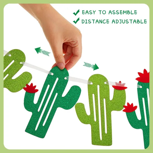 Miniatura 3 de Lewtemi 4 guirnaldas de cactus con purpurina verde, decoración de fiesta temática mexicana para fiesta de cumpleaños, suministros de fiesta de cinco