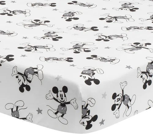 Lambs & Ivy Sábana bajera ajustable de algodón con Mickey Mouse mágico - Blanco, Disney