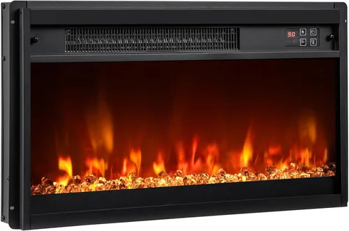 COSTWAY Calentador de chimenea empotrado de 23 pulgadas, inserto de chimenea eléctrica con llama multicolor y cama de brasas de cristal, control