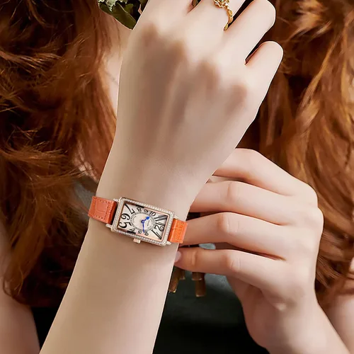 Miniatura 6 de Reloj rectangular de oro rosa para mujer con bisel de piedra blanca y esfera naranja, marcadores numéricos irregulares de hora, reloj de pulsera