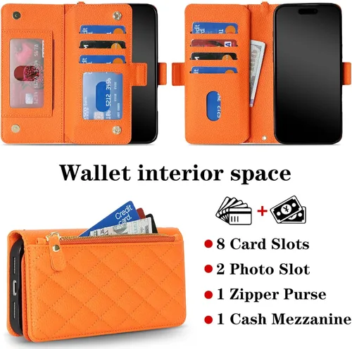 Miniatura 3 de Funda compatible con iPhone 13 Pro Max para Apple 12 Pro Max, piel sintética naranja, rombo para mujeres y hombres, bolsillo con cremallera