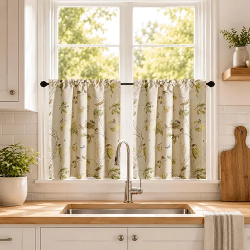 Miniatura 46 de Leeva Cortinas rústicas de cocina con estampado floral verde mezclado de lino para media ventana, para comedor, bolsillo para barra, cafetería