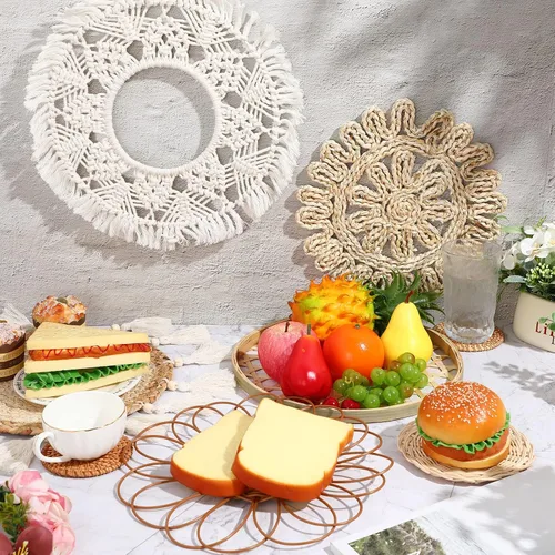 Miniatura 7 de Marsui Juego de 8 colgantes de pared bohemios, ratán tejido, cestas de bambú con borlas de macramé y tapiz para dormitorio, sala de estar