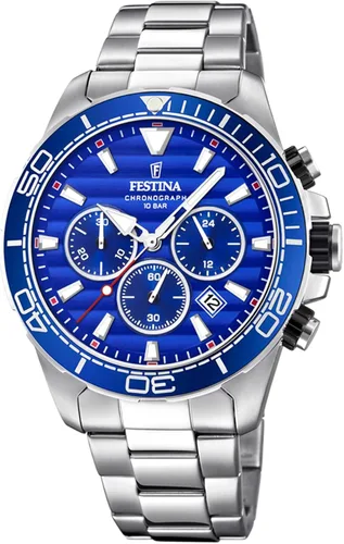 Reloj Festina F203612 para hombre cronógrafo cuarzo fecha AMPM acero y azul correa de acero inoxidable plateado Cronógrafo