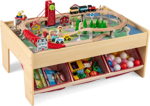 Miniatura 13 de HONEY JOY Mesa de tren, mesa de actividades de madera para niños con cajón de almacenamiento, 100 piezas multicolores, pistas, trenes, autos, juego