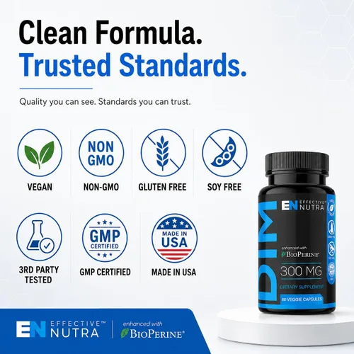 Miniatura 9 de Suplemento DIM de Effective Nutra 300 mg con BioPerine - Bloqueador de estrógeno de extra fuerza para hombres y mujeres - Apoyo hormonal