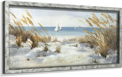 Miniatura 11 de Pintura enmarcada de playa para decoración de pared: arte abstracto de la pared del océano, pintura al óleo costera, gaviotas, imagen impresa