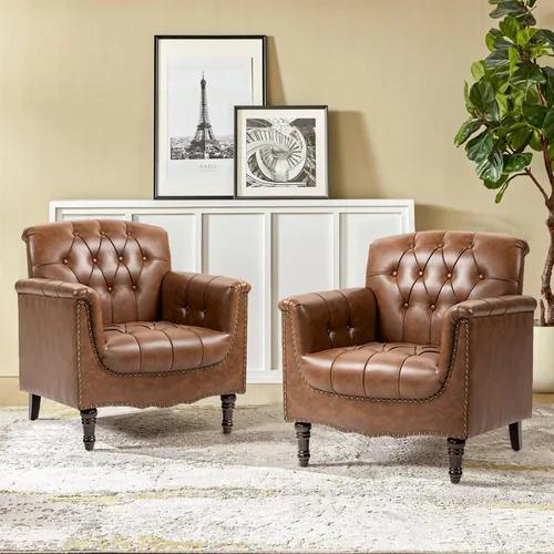 Miniatura 8 de Pia Ricco Silla decorativa moderna copetuda, sillón individual de piel sintética con ribete de cabeza de clavo y patas de madera, cómodo asiento