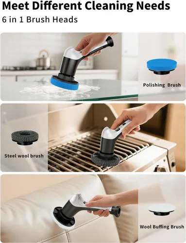 Miniatura 7 de Limpiador eléctrico giratorio, cepillo de limpieza inalámbrico para el hogar con 6 cabezales reemplazables, 3 velocidades, pantalla LED, limpiador