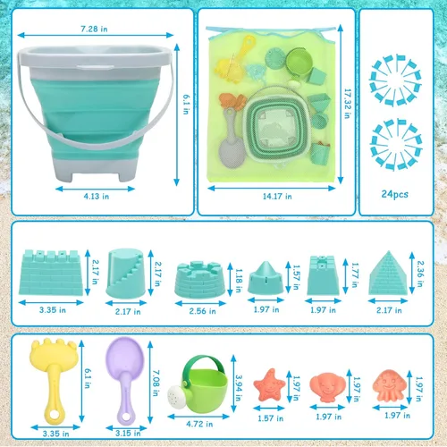 Miniatura 7 de RACPNEL Juego de juguetes de playa y arena para niños, cubo plegable y palas con bolsa de malla, moldes, banderas, caja de arena para niños y niños