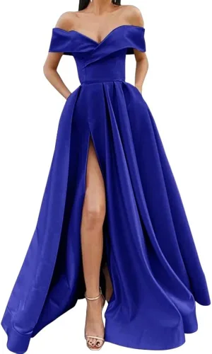 Miniatura 6 de SoDigne Vestidos de graduación con hombros descubiertos y abertura larga para mujer, vestido de fiesta de noche formal de satén con bolsillos