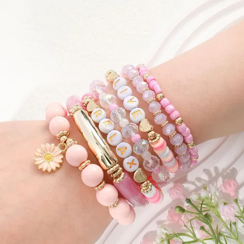 Miniatura 2 de Bohemian Colorful Beaded Bracelets for Women Boho Stackable Natural Stone Letter Clay Glass Beads Stretch Bracelet Set with Charm, Cute Rainbow