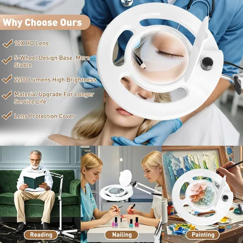 Miniatura 7 de HITTI 10X - Lupa esteticista de luz, color blanco 2200 lúmenes, regulable continuo, base rodante de 5 ruedas, lámpara Mag iluminada con LED