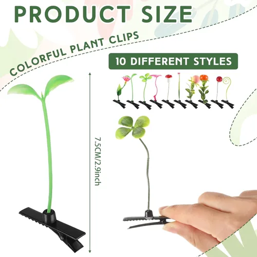Miniatura 2 de Tigeen - 100 piezas de pinzas para el cabello con diseño de brotes de judías, divertidas horquillas de plantas, flores de césped, mariposas, hongos