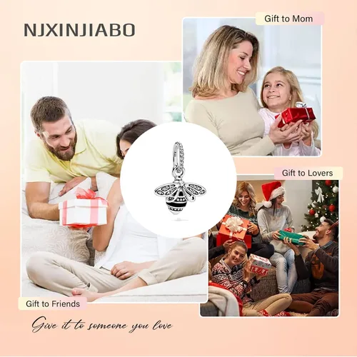 Miniatura 6 de NJXINJIABO Abalorio de plata de ley 925 para pulseras y collares, lindos animales, cerdo, mariposa, gusano brillante, flor, colgante, joyería