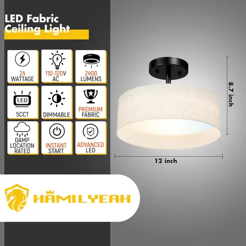 Miniatura 2 de Hamilyeah Lámpara de techo semiempotrada con pantalla de tela blanca, lámparas LED de 12 pulgadas para montaje en techo, lámpara de techo LED