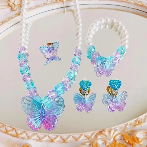 Miniatura 4 de 2 juegos de joyería de princesa para niñas pequeñas, juego de joyería de mariposa para niños, collares elásticos, pulseras, anillos y pendientes