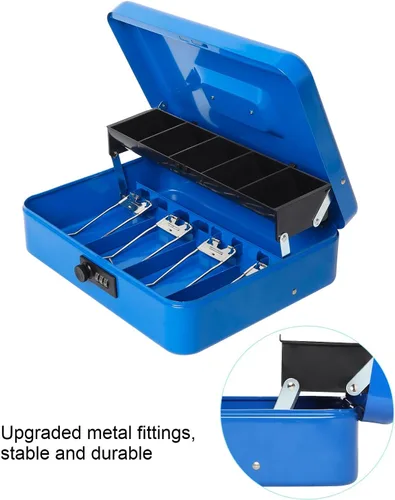 Miniatura 6 de Caja de efectivo grande con bandeja de dinero y cerradura, caja de dinero de metal para efectivo, caja de seguridad de 11.8 x 9.5 x 3.54 pulgadas