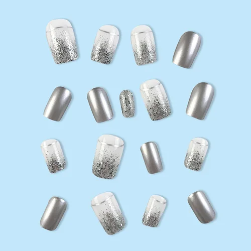 Miniatura 3 de 24 uñas postizas cuadradas de color negro brillante, de cobertura completa, con diseños de notas musicales, uñas postizas acrílicas con pegamento