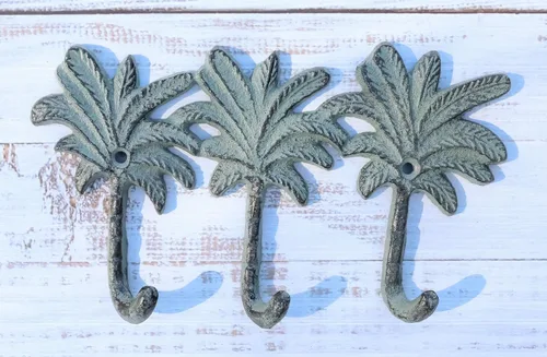 Miniatura 7 de Ebros Gift Paquete de 2 figuras de hierro fundido Verdigris Tropical Paradise Beach, 3 palmeras de coco, 3 clavijas, ganchos de pared triples