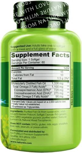 Miniatura 2 de NATURELO Suplemento de aceite de pescado omega 3 sin eructos, 1100 mg de triglicérido omega-3, EPA + DHA, aceite de pescado líquido para corazón