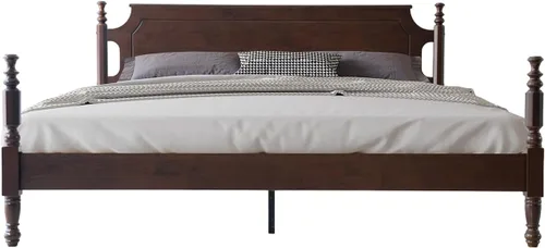 Miniatura 6 de Base de cama de plataforma de madera maciza tamaño King con cabecera y estribo, base de 12 listones fuertes, patas de metal, no necesita somier