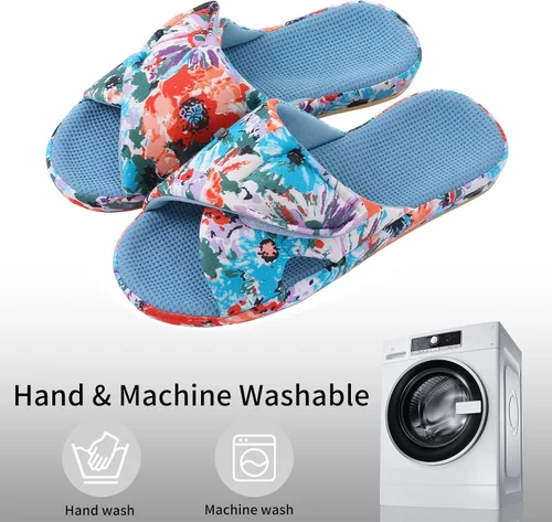 Miniatura 5 de shevalues Pantuflas de verano para mujer, con soporte de arco, transpirables, de algodón gofre, para interiores, con puntera abierta, zapatos