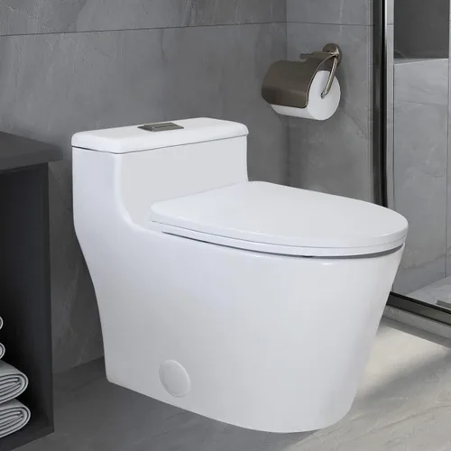 Miniatura 7 de WinZo WZ5081 - Inodoro alargado de una pieza de perfil bajo, descarga lateral de alta eficiencia 1.28 GPF con asiento de cierre suave, color blanco