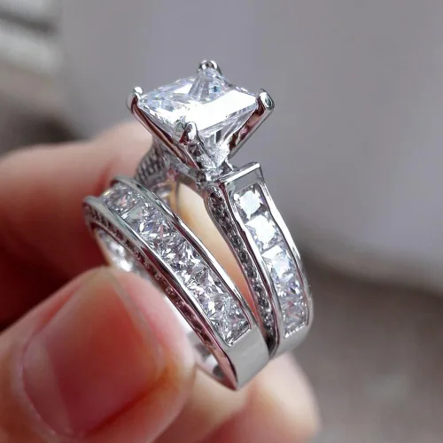 Miniatura 8 de Luxury and Shining - Juego de anillos de compromiso 2 en 1 para mujer, diseño vintage de diamantes blancos y plata