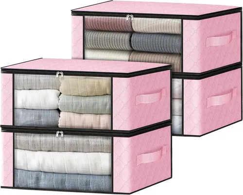 Miniatura 8 de HomeHacks Paquete de 3 bolsas organizadoras de ropa, caja de almacenamiento plegable con gran ventana transparente y asas resistentes para armario