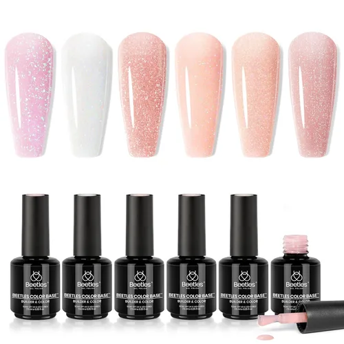 Miniatura 23 de Beetles - Esmalte de uñas de gel con base de goma, 6 colores nude, esmalte de gel rosa, melocotón, neutro, transparente, francesa, colores base