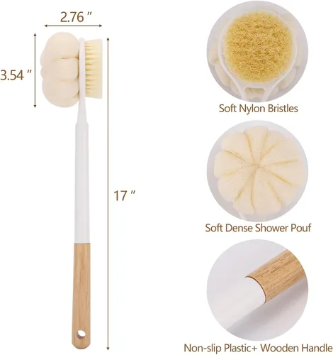 Miniatura 2 de BTYMS Cepillo de esponja de baño con mango largo para ducha de 17 pulgadas, cepillo exfoliante de doble cara, cepillo para el cuerpo de ducha