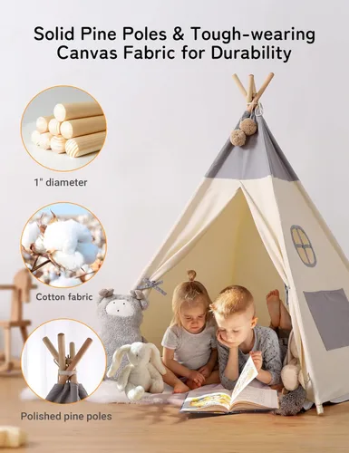 Miniatura 2 de besrey - Tienda de campaña tipi para niños con luz y alfombra, tienda de campaña para jugar en interiores, casa de juegos, tienda tipi de algodón
