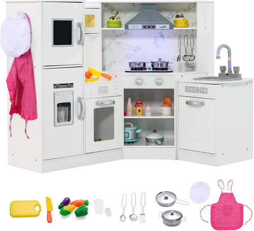 Costzon Juego de cocina para niños, 2 piezas de juguete de cocina con luz, sonido, lavabo, microondas, pizarra, máquina de hielo, campana Blanco