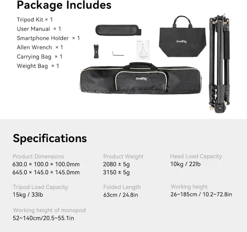 Miniatura 9 de SmallRig CT200 72.8"/200cm Trípode Horizontal Elevado para Cámara con Soporte para Smartphone y Bolsa de Transporte, Carga Máxima 33lb Trípode