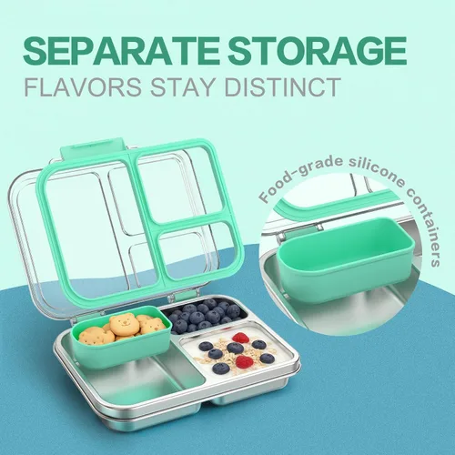 Miniatura 2 de Lonchera Bento de acero inoxidable para niños, lonchera metálica de 3 compartimentos con tapa transparente y silicona extraíble, lonchera para niños
