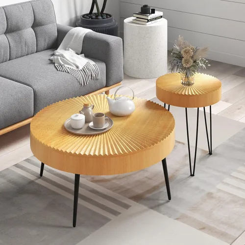 Miniatura 11 de Giantex Juego de 2 mesas auxiliares redondas bohemias, mesa anidable lateral para sofá con parte superior de madera de pino maciza, patas de metal