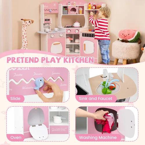 Miniatura 5 de HONEY JOY Cocina de Jugar de Rincón, Juego de Cocina de Madera para Niños Pequeños con Luces, Cafetera, Microondas, Fregadero, Grifo, Juego