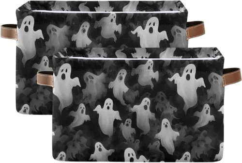 Miniatura 47 de Cesta de almacenamiento de fantasmas blanco y negro para estantes, elegante organizador de lona con asas de cuero, forro impermeable y marco rígido