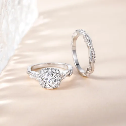 Miniatura 2 de Mameloly Juego de anillos de boda de 1.2 quilates para mujer, anillos de novia de corte redondo, circonita cúbica, halo de circonita cúbica, anillos
