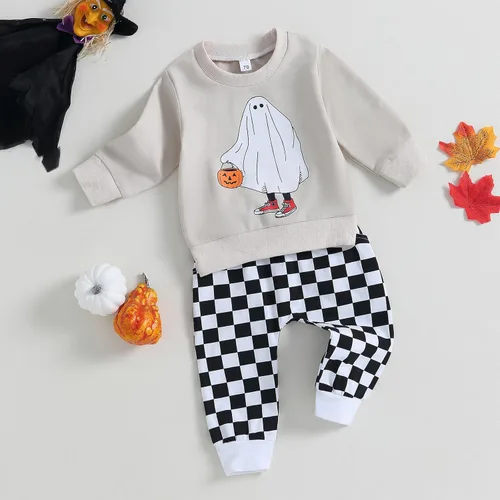 Miniatura 105 de Adobabirl Conjunto de sudadera y pantalones de Halloween para bebé, sudadera y pantalones con parche de calabaza para Halloween, otoño, ropa de bebé