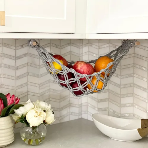 Miniatura 9 de Hamaca de frutas – Cesta de frutas colgante – Almacenamiento de productos y verduras para cocina debajo del gabinete – Gancho de plátano – macramé