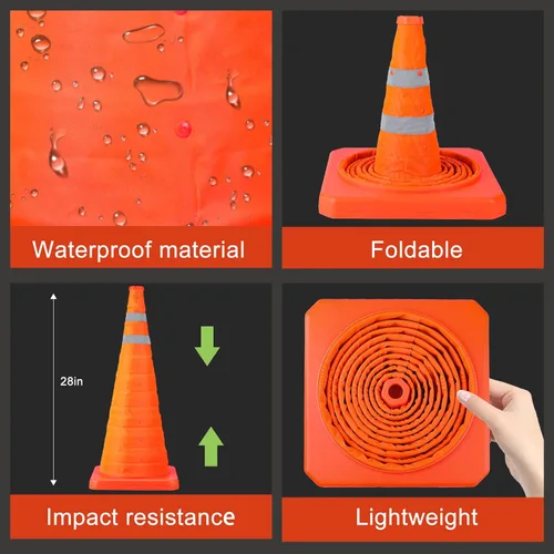 Miniatura 7 de Paquete de 2 conos de seguridad plegables de tráfico de 28 pulgadas, conos de estacionamiento con collares reflectantes, conos de seguridad naranjas
