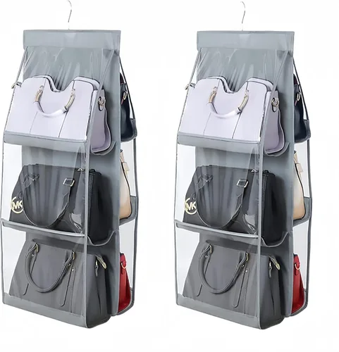 Miniatura 18 de HAN SHENG Organizador transparente para bolsos y bolsos, con 6 bolsillos, almacenamiento para colgar bolsas, estante colgante que ahorra espacio