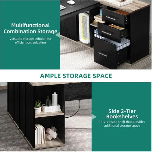 Miniatura 5 de YITAHOME Escritorio ejecutivo con tomas de corriente, escritorio en forma de L de 71 pulgadas con archivador, escritorio ejecutivo con cajones